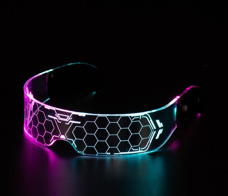 Futuristic honeycomb design luminous glasses with color-changing LED lights.