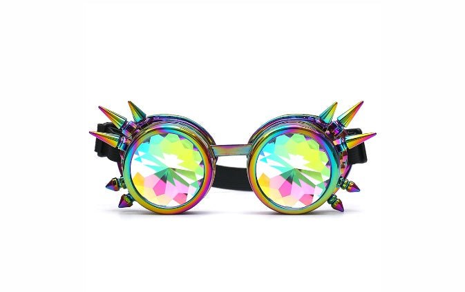 Avant-garde kaleidoscope goggles with crystal lenses for cosplay.