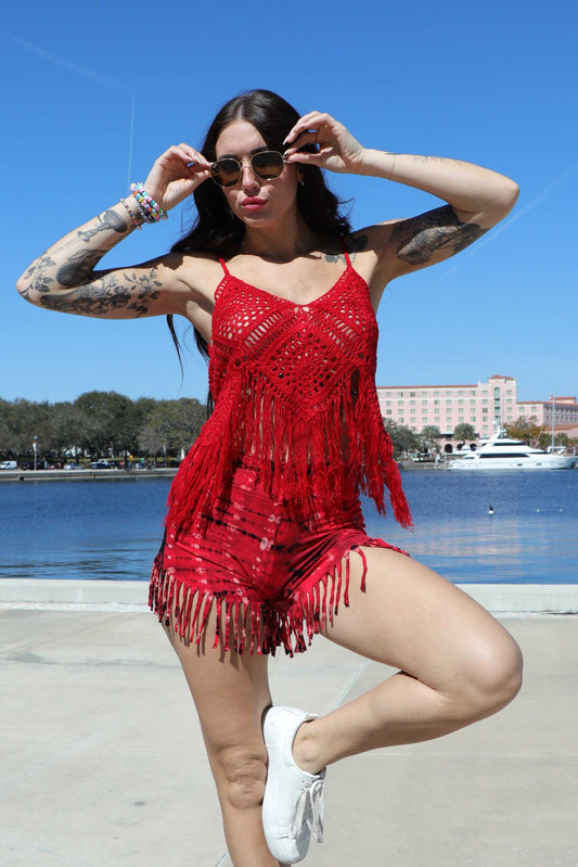 Red fringe crochet top on sale