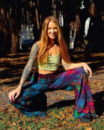 Handcrafted fairtrade palazzo pants with vibrant patterns and drawstring fit.