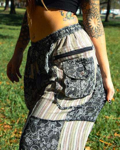 Flora Pants with mushroom pattern, elastic waist, zippered pocket, patchwork design.