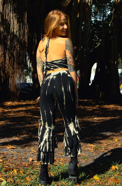Ruffle bottom pants with unique dye pattern, handcrafted for comfort and style.