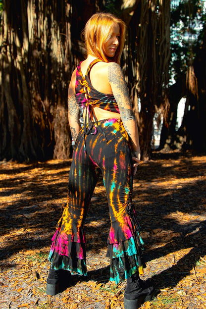 Colorful tie-dye ruffle bottom pants with unique handcrafted design.