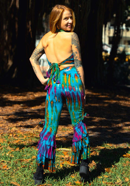 Colorful ruffle bottom pants with unique dye patterns, designed for comfort and style.