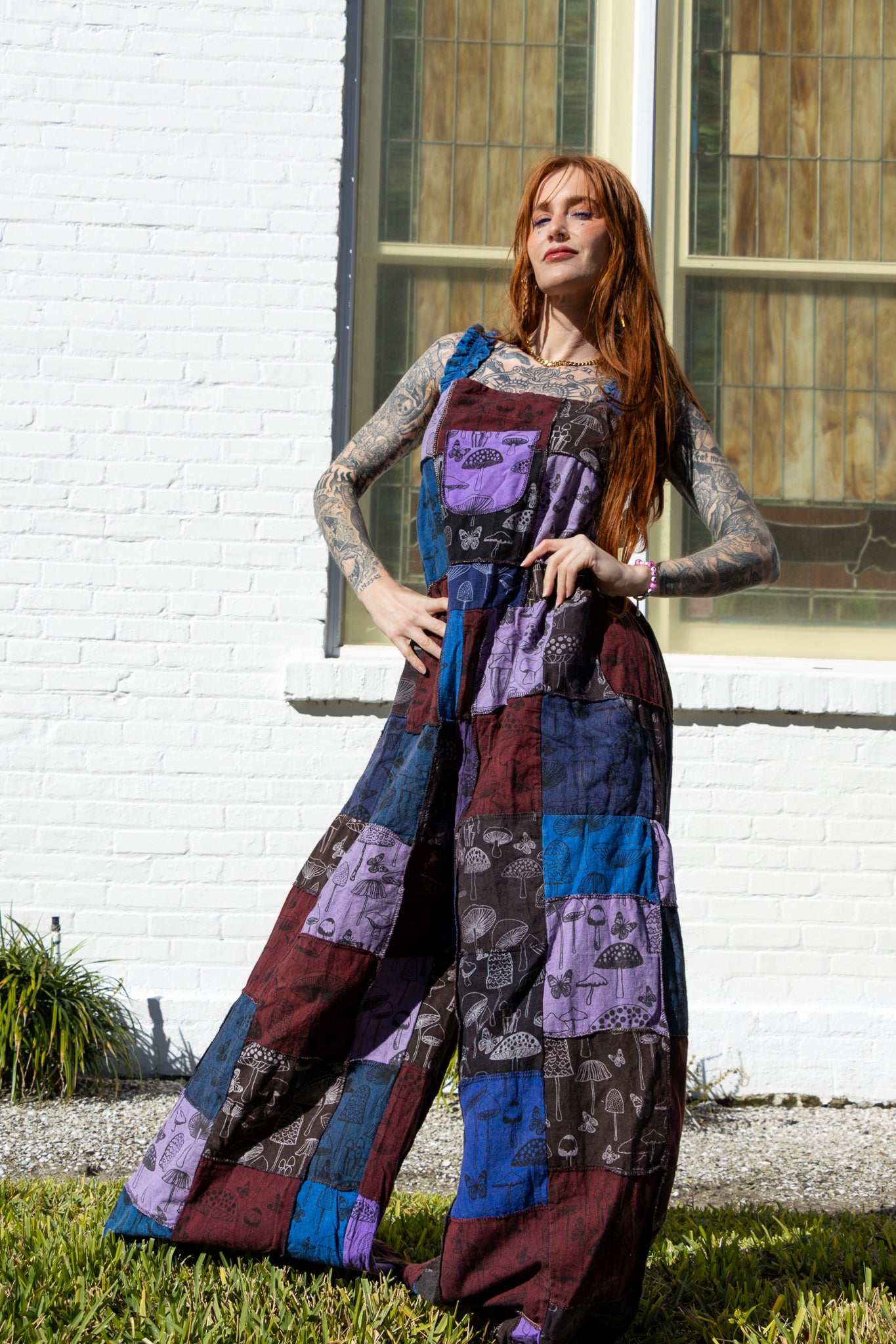 Patchwork Mushroom Pallazzo Overalls - Comfortable & Fair Trade