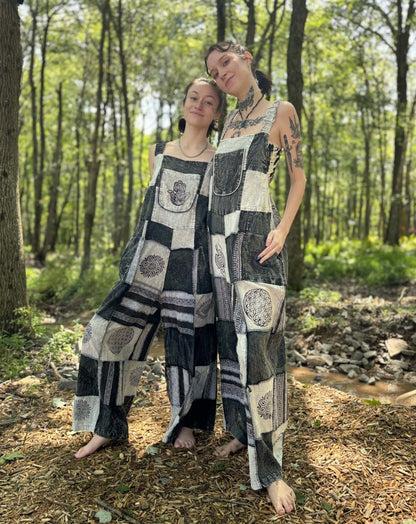 Black & White Patchwork Overalls with hand-printed designs, palazzo legs, adjustable straps, fair trade cotton.