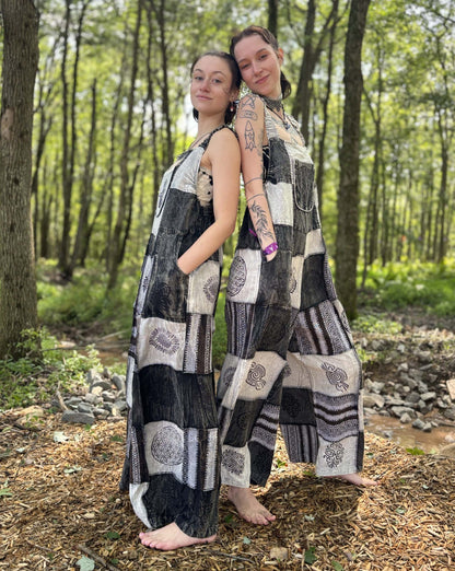 Black & White Patchwork Overalls with adjustable straps and palazzo legs, handcrafted from 100% cotton.