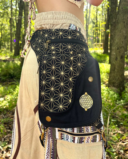 Festival leg harness belt bag with metal embellishment, handmade from 100% cotton.