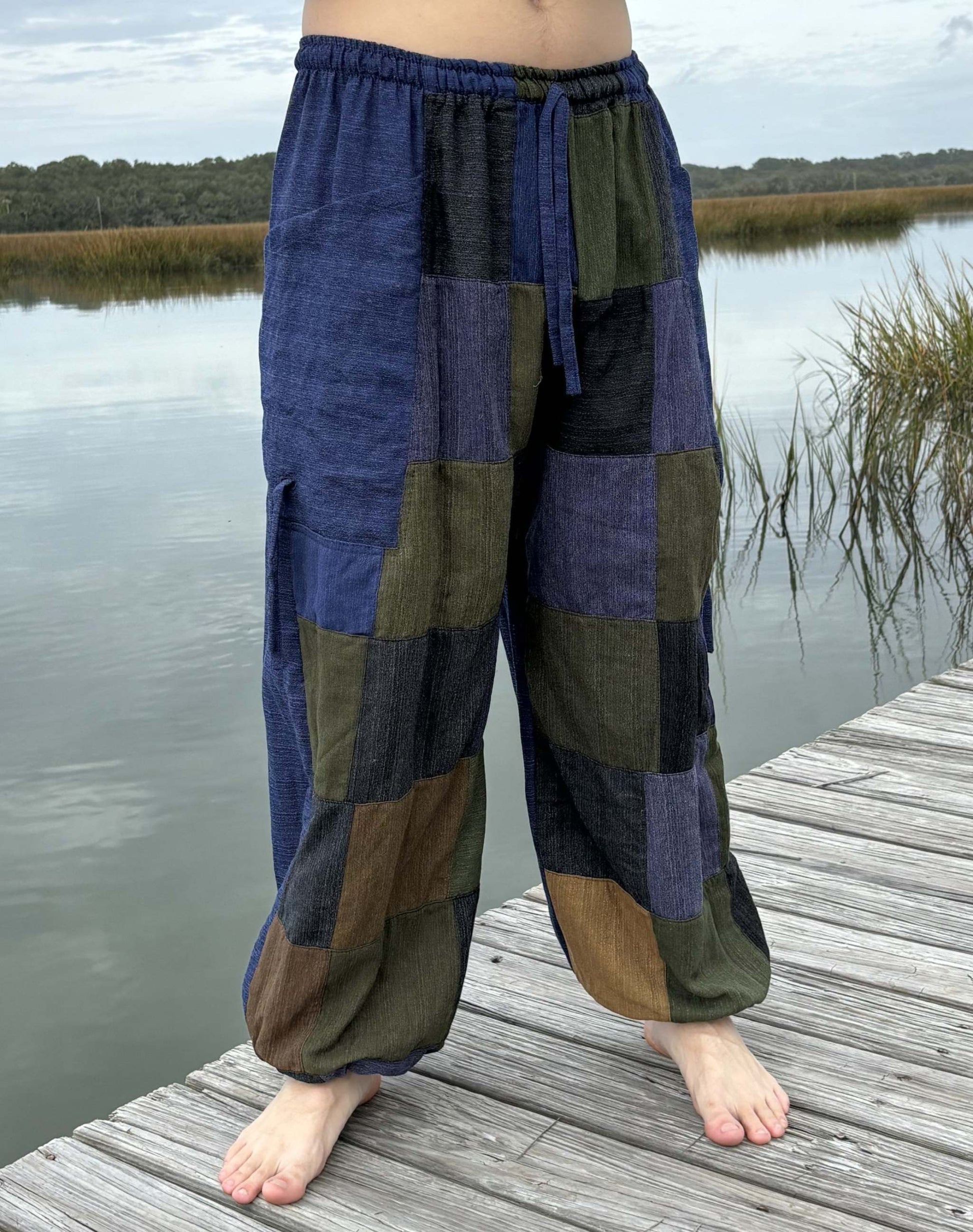 Patchwork harem pants with cinch leg and elastic cuffs, 100% cotton.