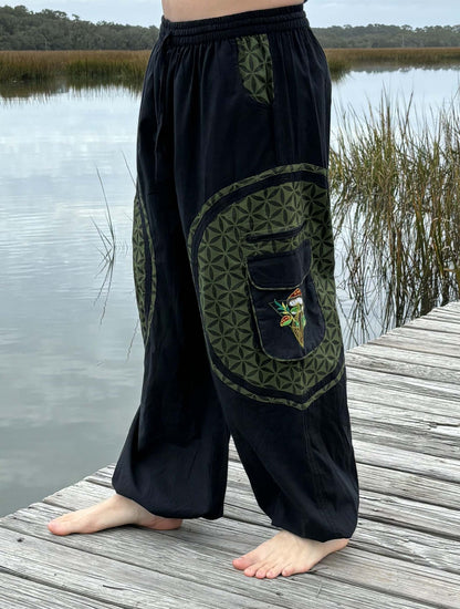 Mushroom Harem Pants with embroidered patterns and pockets, crafted from natural handwoven cotton.