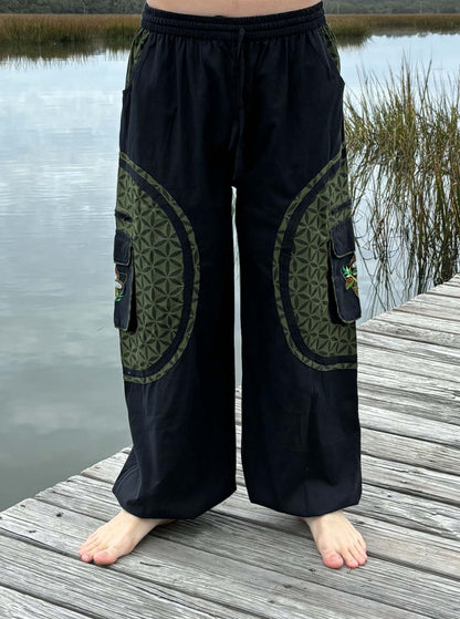 Hippie Mushroom Harem Pants with Flower of Life Pattern and Embroidered Details