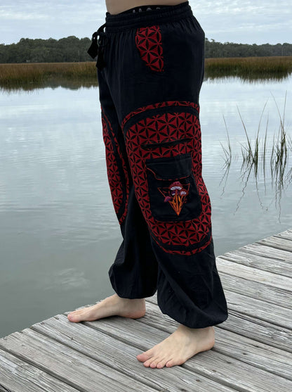 Hippie Mushroom Harem Pants with embroidery, handwoven cotton, patchwork design.