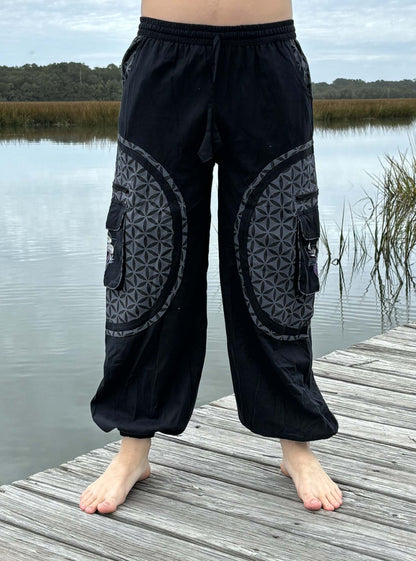 Hippie Mushroom Harem Pants with Flower of Life pattern, handwoven cotton, embroidered design, adjustable waist, multiple pockets, eco-friendly handcrafted in Nepal.