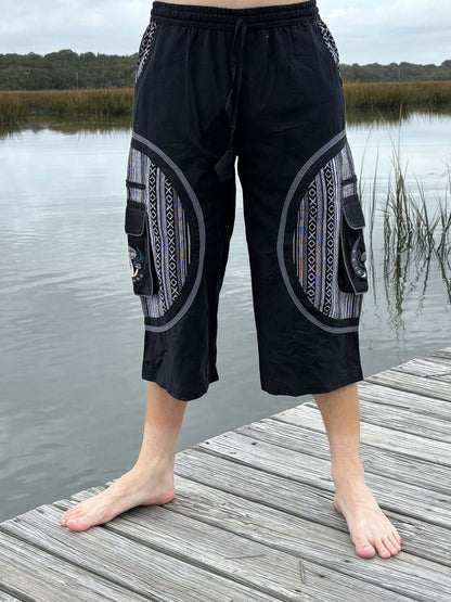 3/4 Mushroom shorts- IKAT, black with patterned accents, 100% cotton, Fairtrade, designed in America.