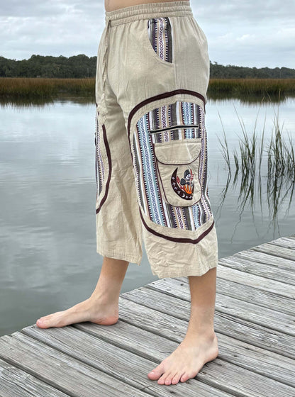 3/4 Mushroom shorts- IKAT, 100% cotton, Fairtrade, designed in America, manufactured in Nepal.