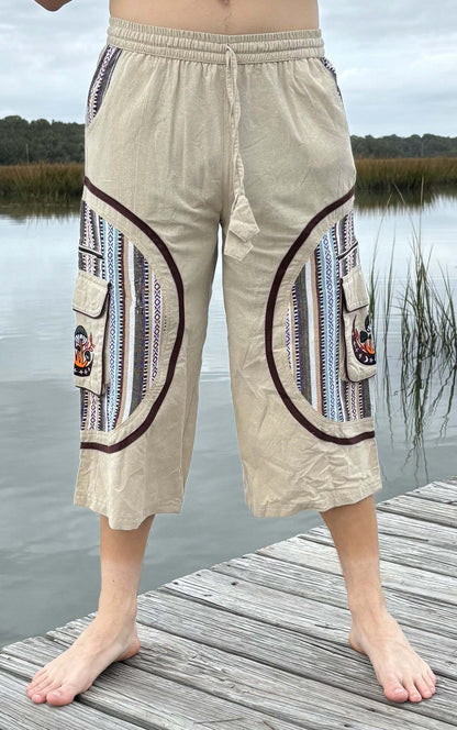 3/4 Mushroom shorts- IKAT, 100% cotton, designed in America, Fairtrade-made in Nepal, patterned shorts with pockets.