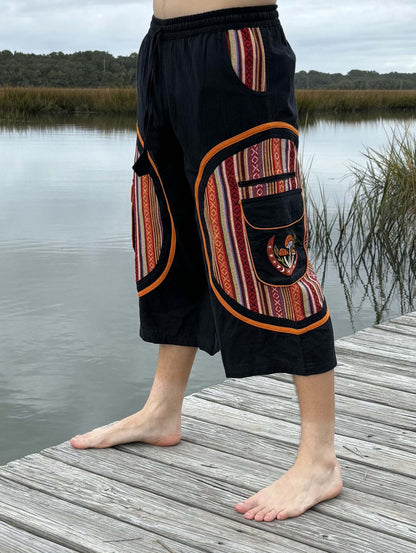 3/4 Mushroom shorts- IKAT, 100% cotton, Fairtrade, designed in America, manufactured in Nepal.