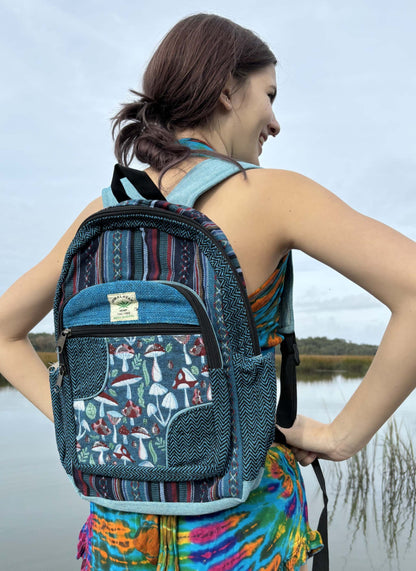 Hemp Mushroom Backpack with adjustable straps, laptop sleeve, handmade in Nepal.