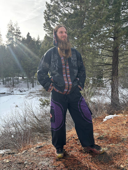 Handprinted cotton jacket from Nepal, unique design, outdoor winter scene.