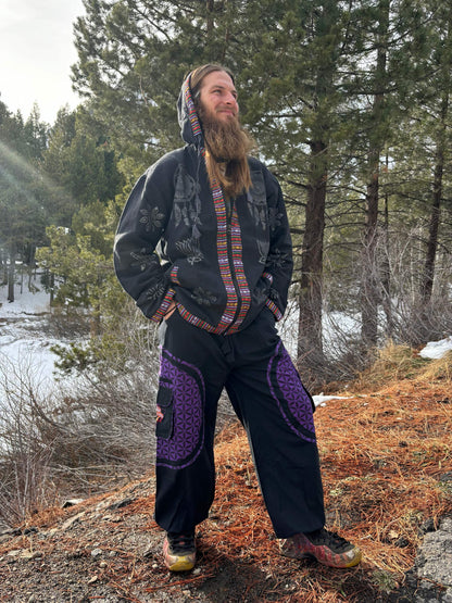 Handprinted cotton jacket from Nepal worn by a person in a natural setting.