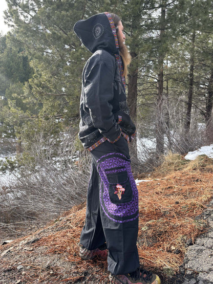 Mushroom Harem Pants with embroidered pattern, handmade from handwoven cotton, suitable for diverse occasions.