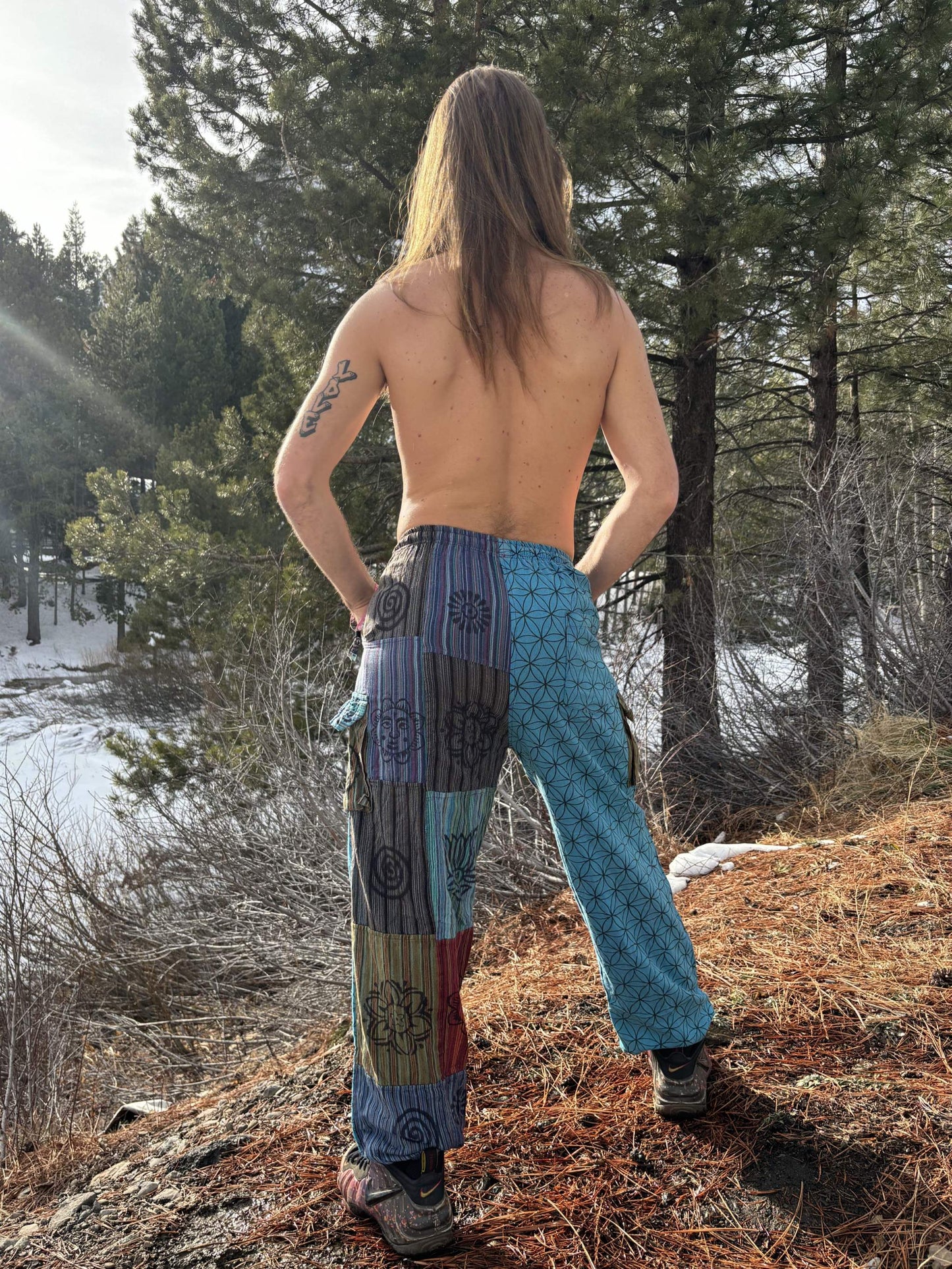 Patchwork harem pants with elastic waistband, handmade in Nepal from cotton.