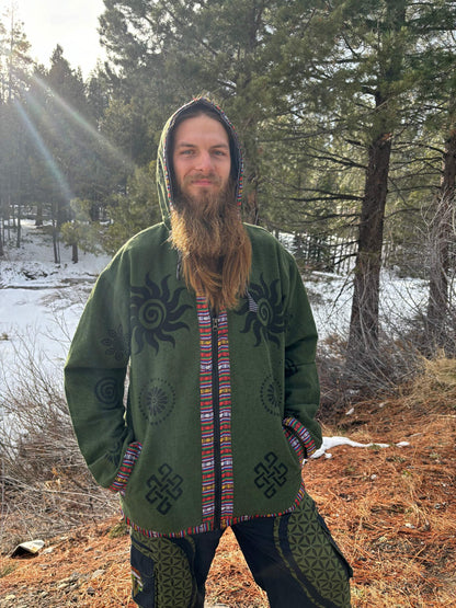 Handprinted cotton jacket with unique design from Nepal in outdoor setting.