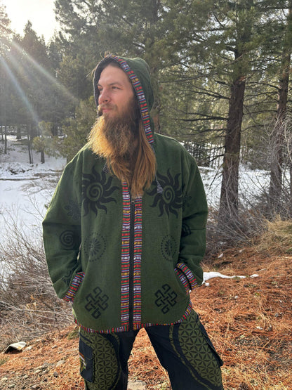 Handprinted cotton jacket from Nepal in green with unique print design.