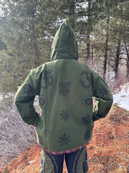 Handprinted cotton jacket with unique design in green, featuring Nepalese-inspired prints.