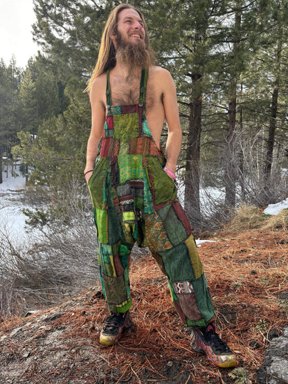 Patchwork Harem overall with adjustable straps, worn outdoors.