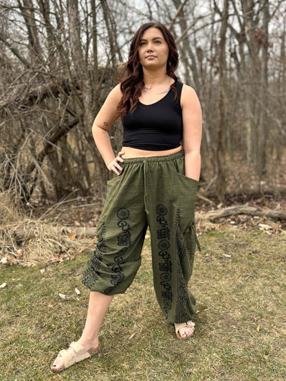 Handmade fair trade cinch leg harem pants with side drawstring, green color, elastic waist and ankle cuffs.