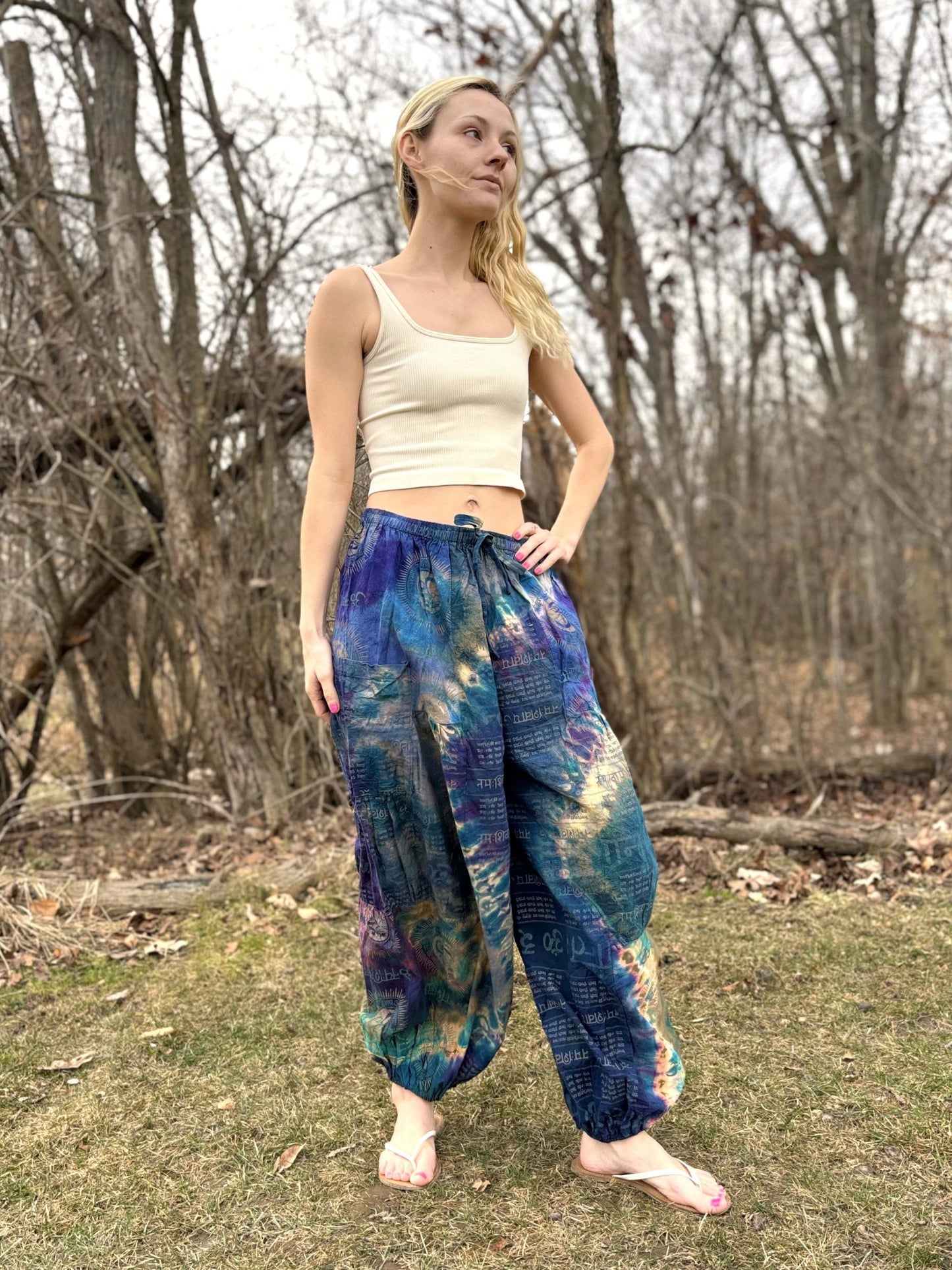 Wide leg tie-dye harem pants, handmade 100% cotton, elastic waistband, ethically made in Thailand.