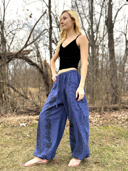 Cinch Leg Harem Pants made from 100% cotton, featuring elastic waist and ankles, with a drawstring for adjustable length.