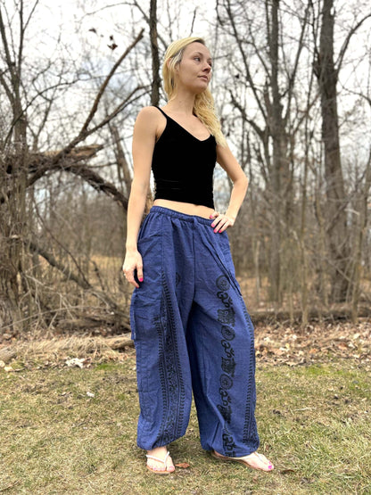 Cinch Leg Harem Pants, blue cotton with elastic waist and ankle cuffs, worn by a person outdoors.