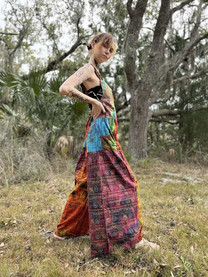Tye-Dye Pallazzo Overalls with adjustable harem legs, 100% cotton, handcrafted in Thailand.
