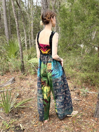 Tye-Dye Palazzo Overalls in forest setting, 100% cotton, adjustable straps, handcrafted in Thailand.