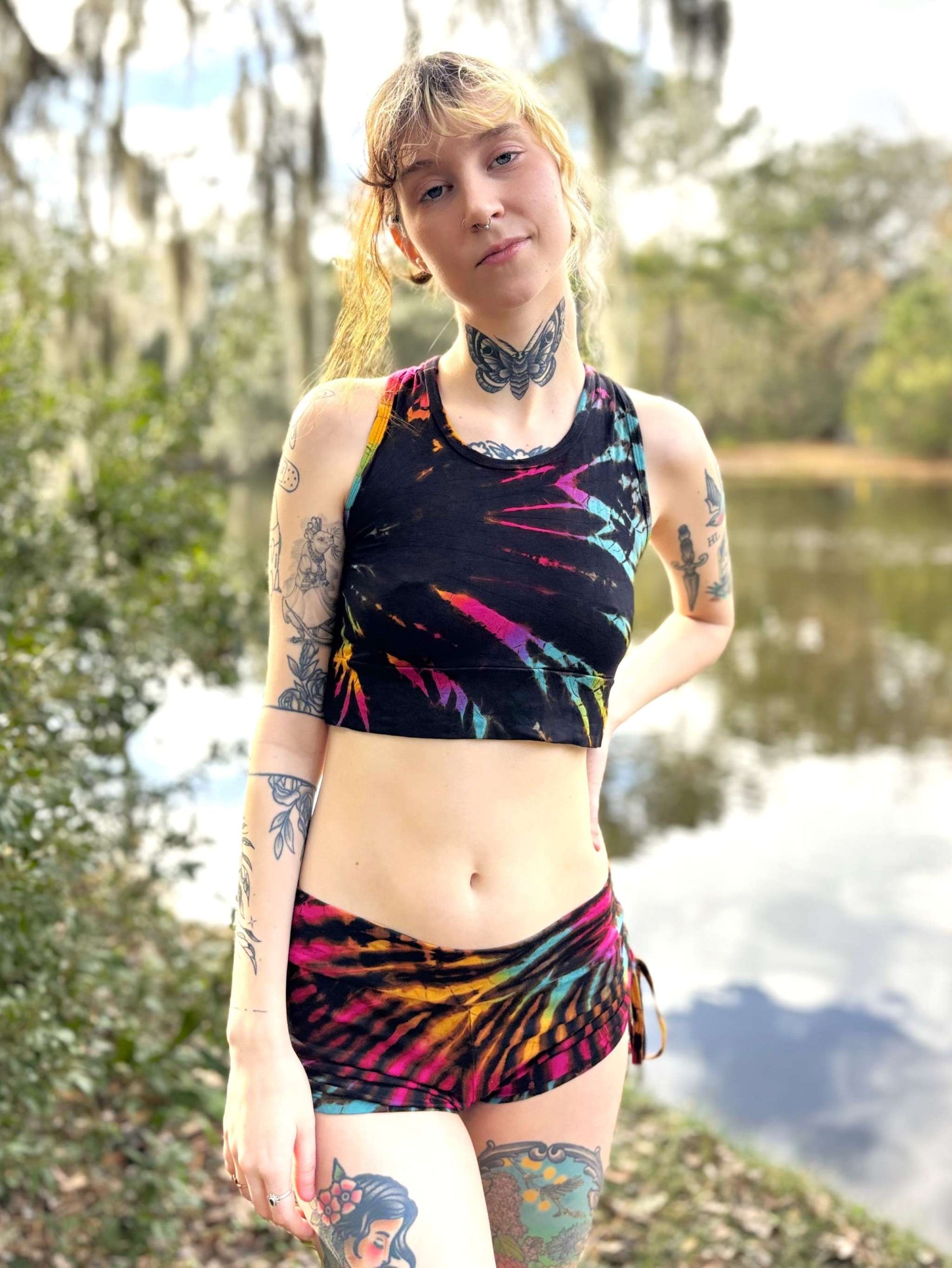 Mia sports bra in unique multicolor design.