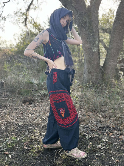 Hippie Mushroom Harem Pants with embroidery, featuring handwoven cotton, handmade in Nepal.