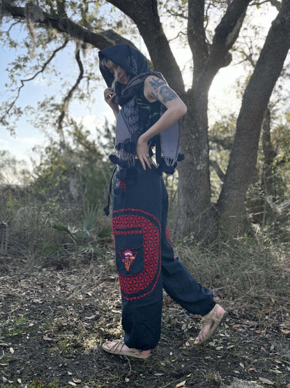 Mushroom Harem Pants with unique flower of life embroidery, handmade from 100% natural handwoven cotton, suitable for various occasions.