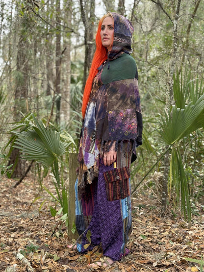 Tye-Dye Patchwork Poncho with wooden toggle buttons, handcrafted in Nepal.