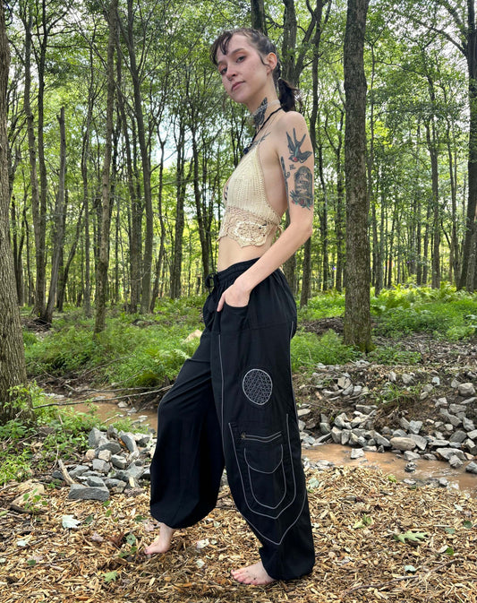 9 Pocket Harem Pants with elastic cuffs and waist, three zipper pockets, ideal for festivals.