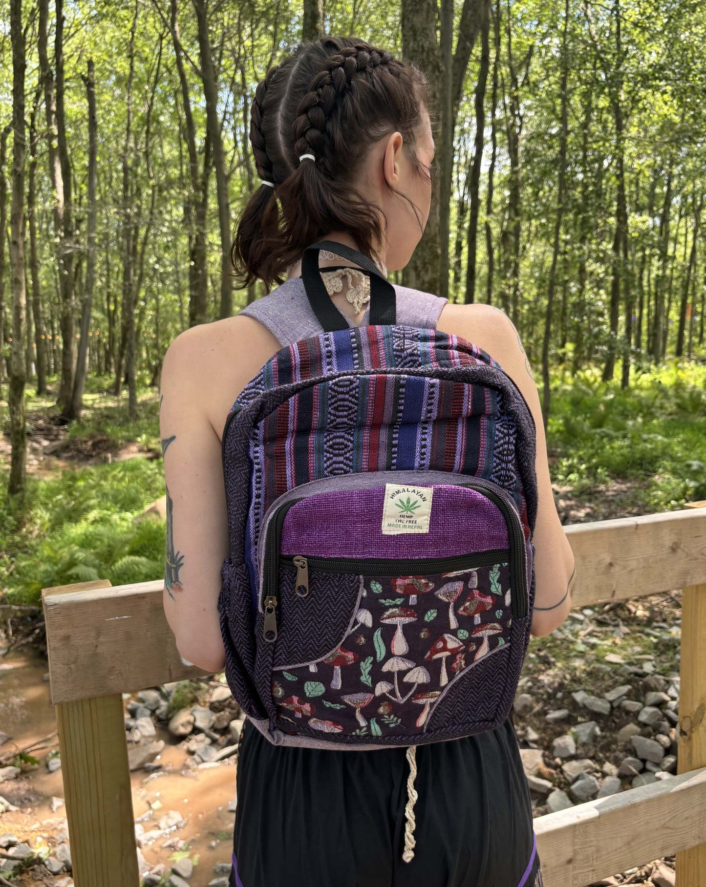 Hemp mushroom pattern backpack with adjustable straps, handmade in Nepal.