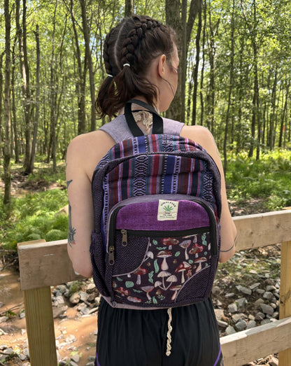 Hemp mushroom pattern backpack with adjustable straps, handmade in Nepal.