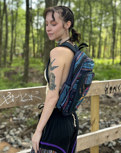 Hemp Mushroom Pattern Backpack with adjustable straps, handmade in Nepal.
