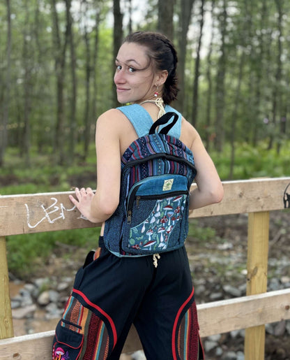 Hemp Mushroom Pattern Backpack with adjustable straps, handmade in Nepal, featuring laptop sleeve up to 15 inches.