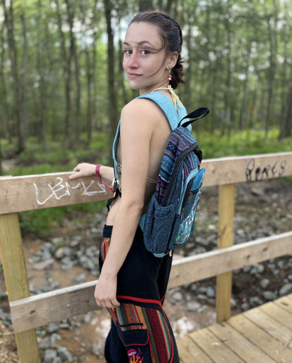 Hemp Mushroom Pattern Backpack with adjustable straps, handmade in Nepal, includes 15" laptop sleeve.