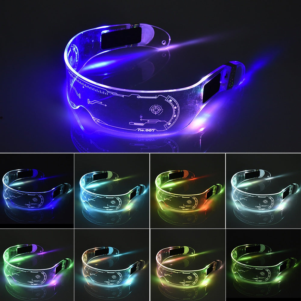 Future glasses with LED lighting, stylish design, multiple color options, transparent frame.