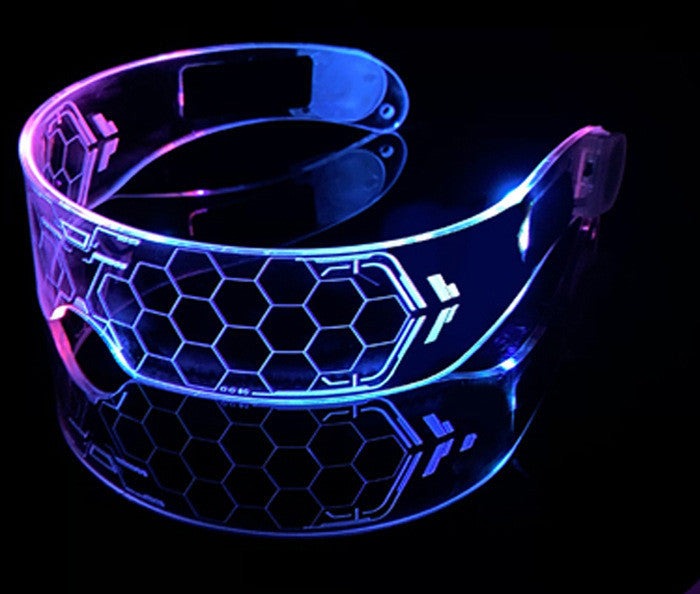 Luminous future glasses with hexagonal pattern, dual control, and color-changing feature.