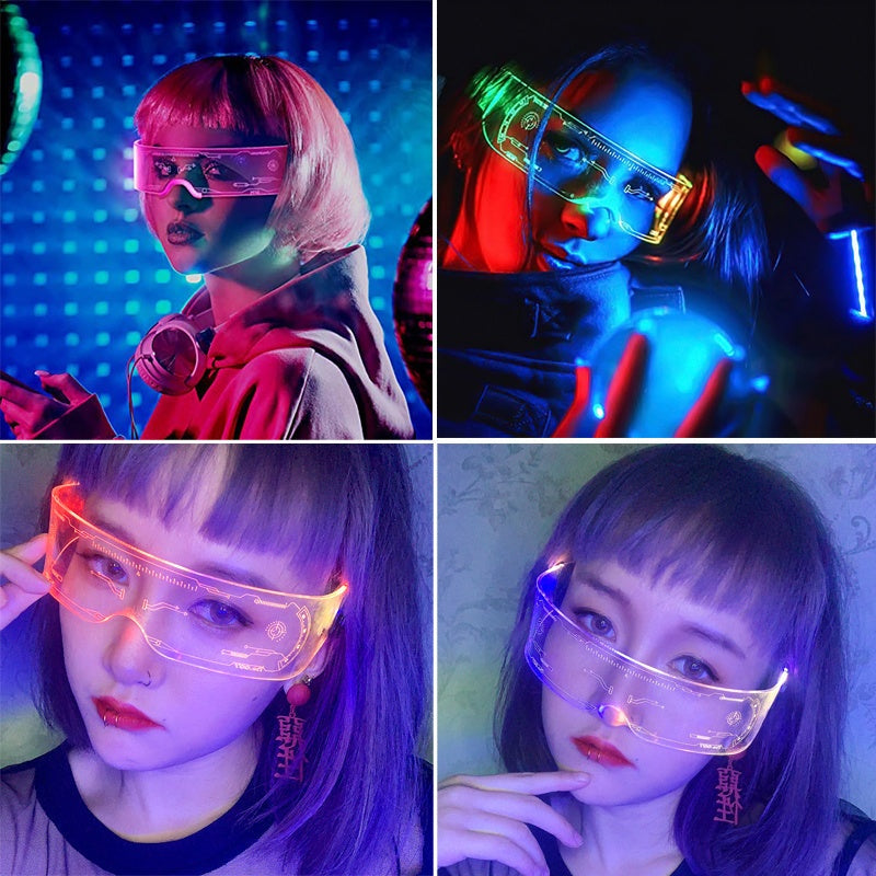 Luminous future glasses with transparent frame and colorful LED lights.